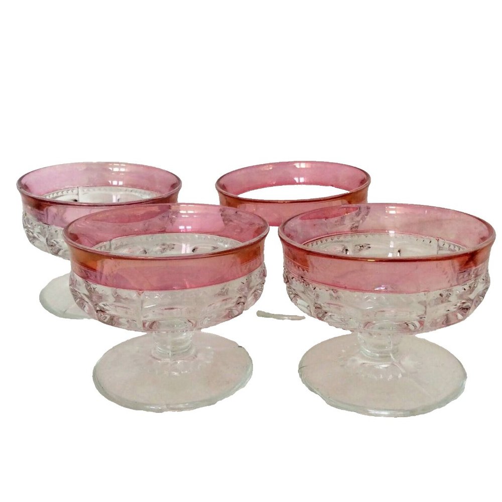 4 King's Crown Vintage Cranberry Flashed Band Thumbprint Footed Sherbet Compotes